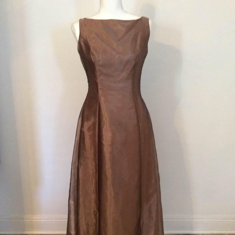 Alfred Angelo Bronze full length bridesmaid dress.